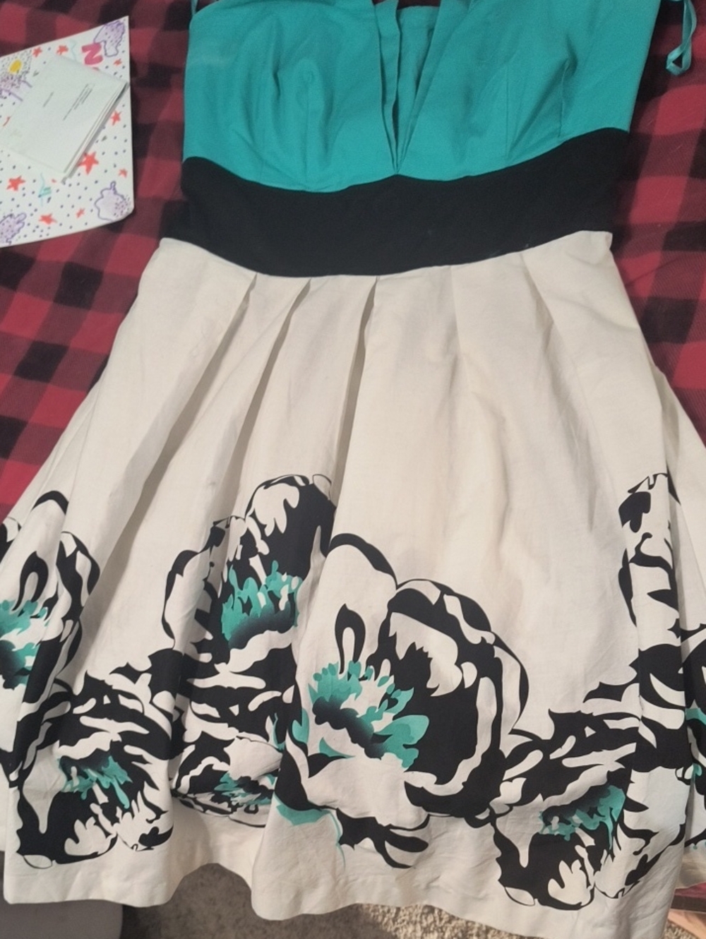 Ashley Stewart Teal, Black and White Strapless Fit-and-Flare Dress